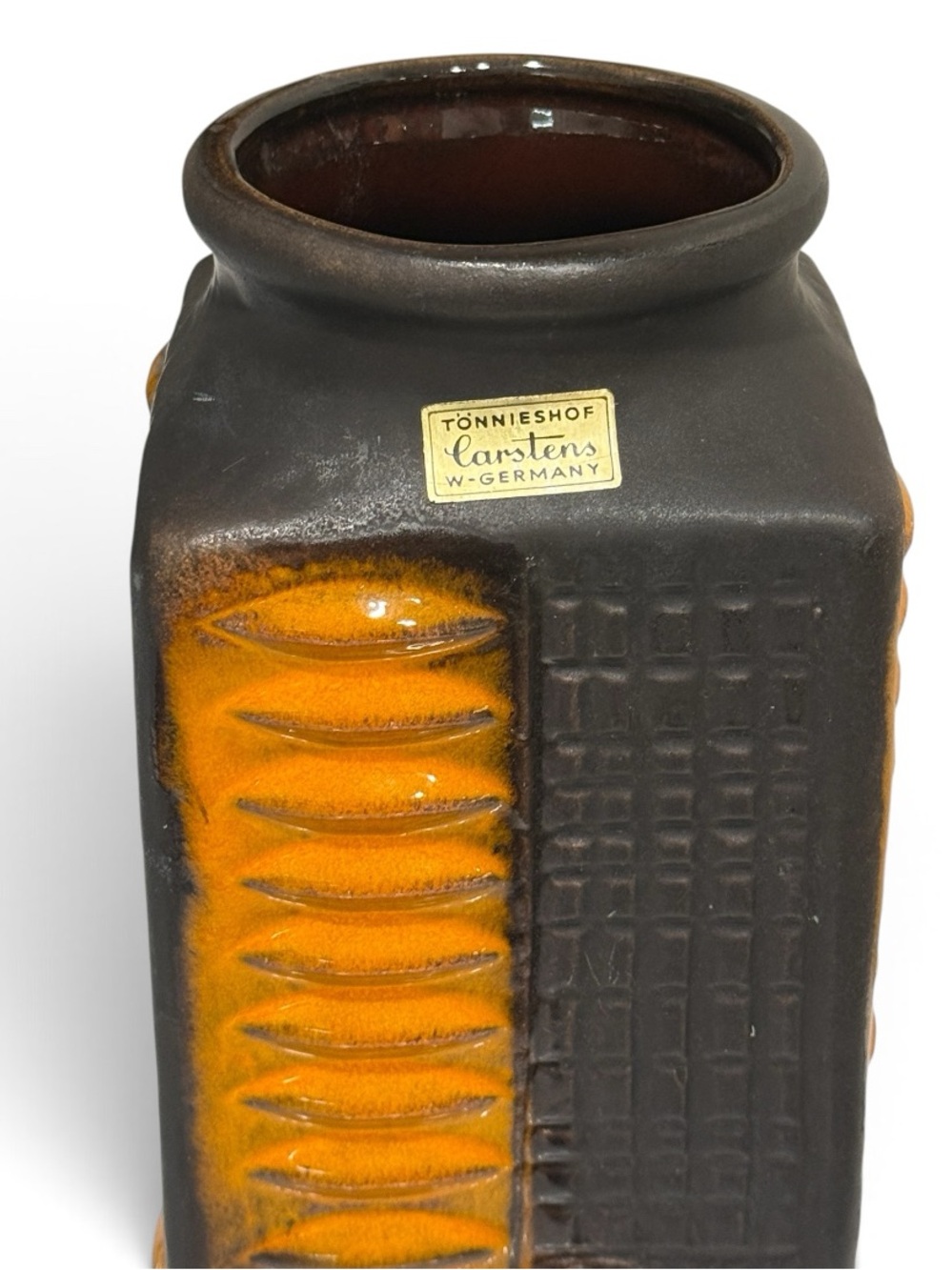 Mid‑Century Carstens West Germany Ceramic Vase – Brown & Orange, 12.5” - Picture 4 of 17